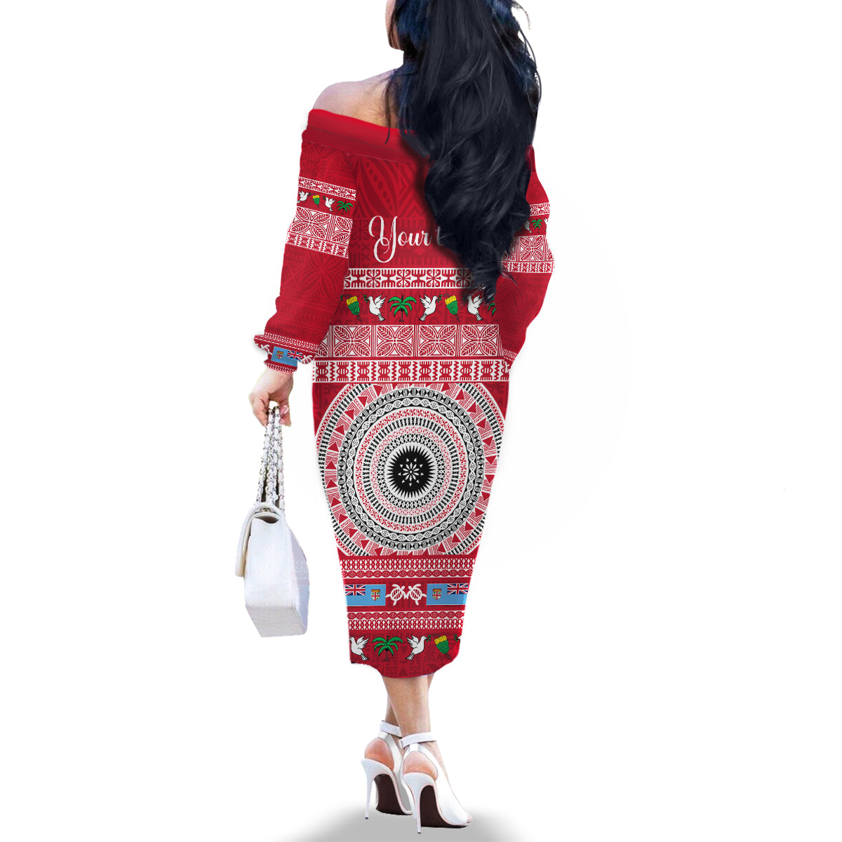 Personalised Fiji Marau Na Kerisimasi Family Matching Off Shoulder Long Sleeve Dress and Hawaiian Shirt Merry Christmas Tapa Pattern Red Style LT9 - Polynesian Pride