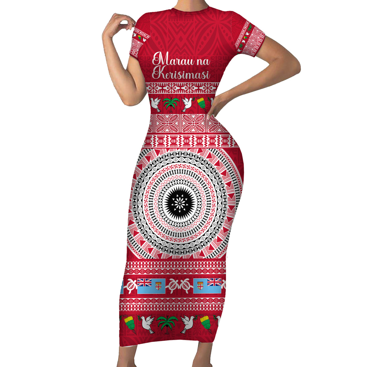 Personalised Fiji Marau Na Kerisimasi Family Matching Short Sleeve Bodycon Dress and Hawaiian Shirt Merry Christmas Tapa Pattern Red Style LT9 Mom's Dress Red - Polynesian Pride