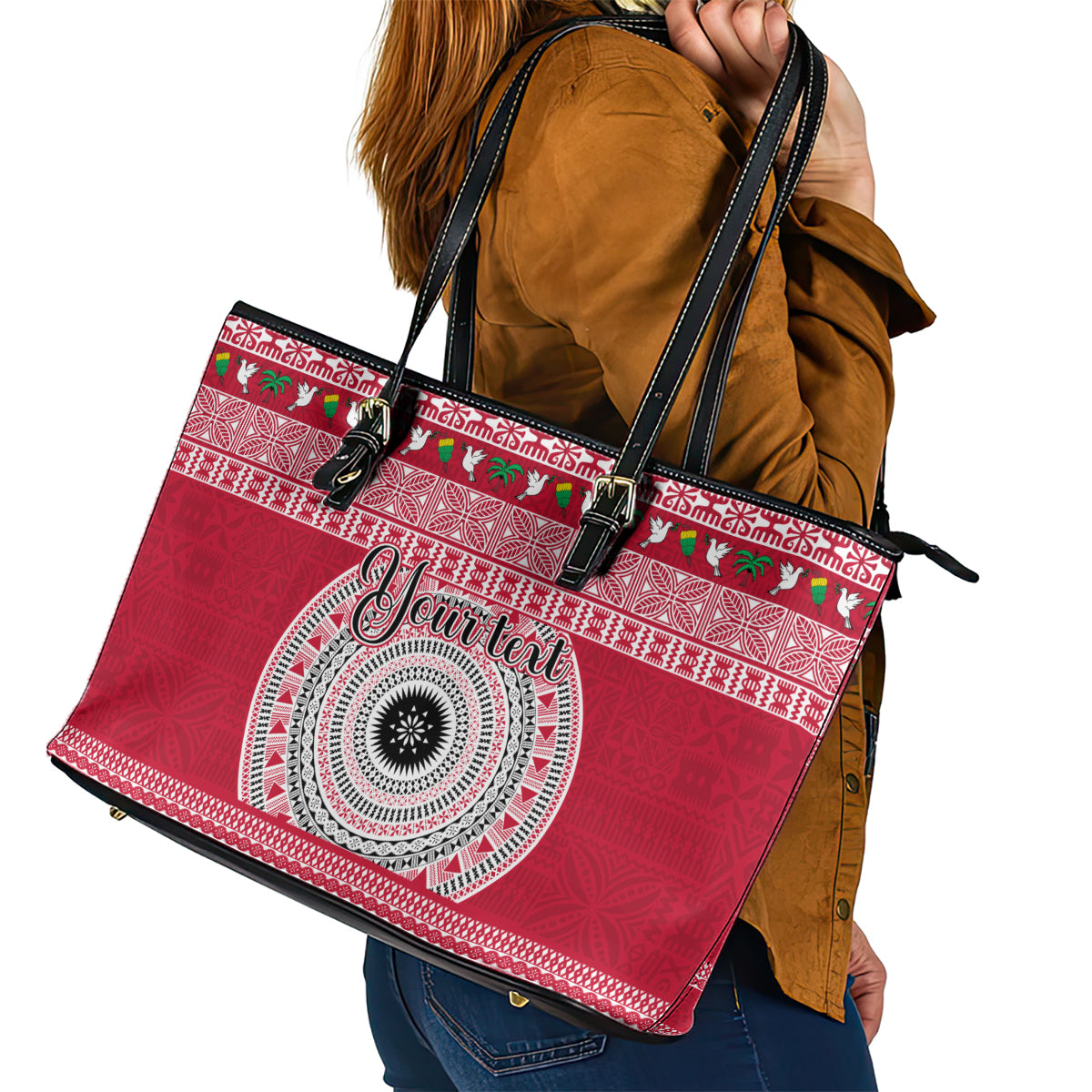 Personalised Fiji Marau Na Kerisimasi Leather Tote Bag Merry Christmas Tapa Pattern Red Style LT9 - Polynesian Pride