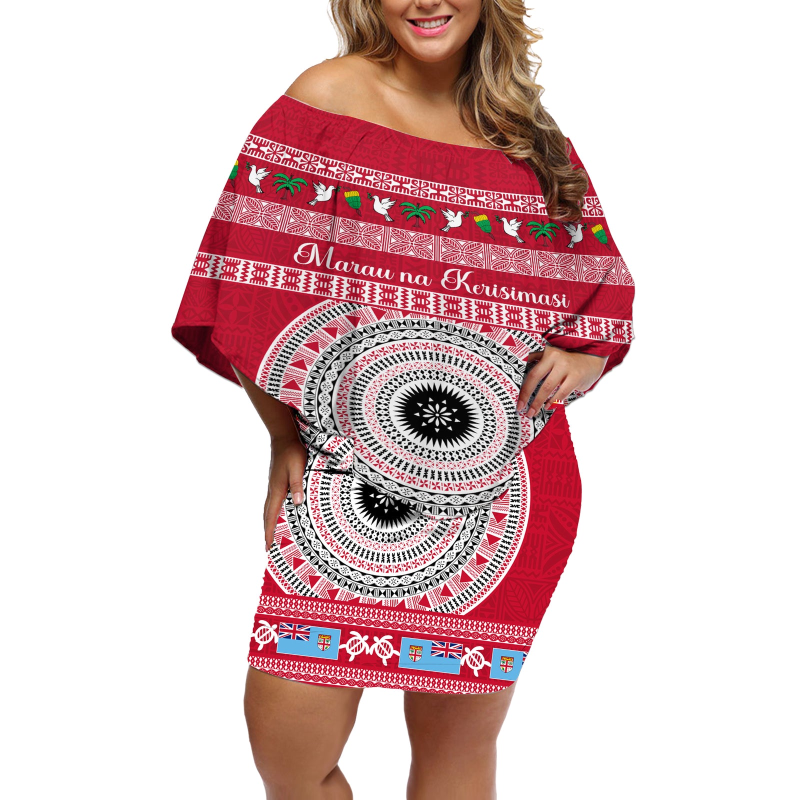 Personalised Fiji Marau Na Kerisimasi Off Shoulder Short Dress Merry Christmas Tapa Pattern Red Style LT9 Women Red - Polynesian Pride
