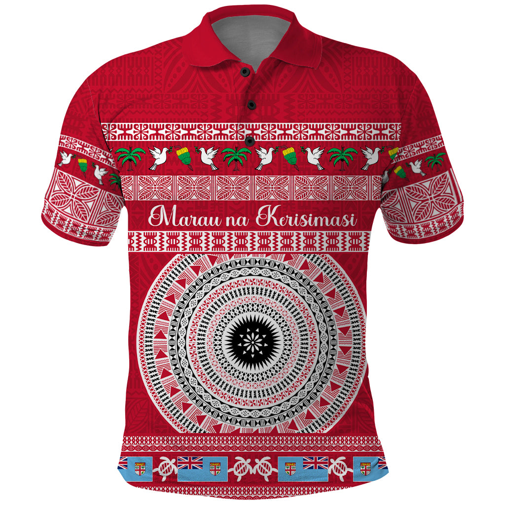 Personalised Fiji Marau Na Kerisimasi Polo Shirt Merry Christmas Tapa Pattern Red Style LT9 Red - Polynesian Pride