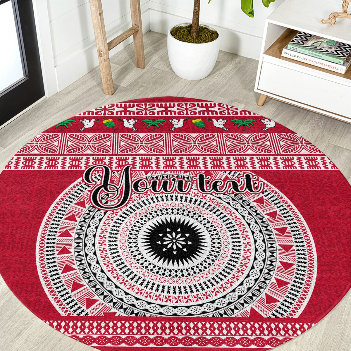 Personalised Fiji Marau Na Kerisimasi Round Carpet Merry Christmas Tapa Pattern Red Style LT9 Red - Polynesian Pride