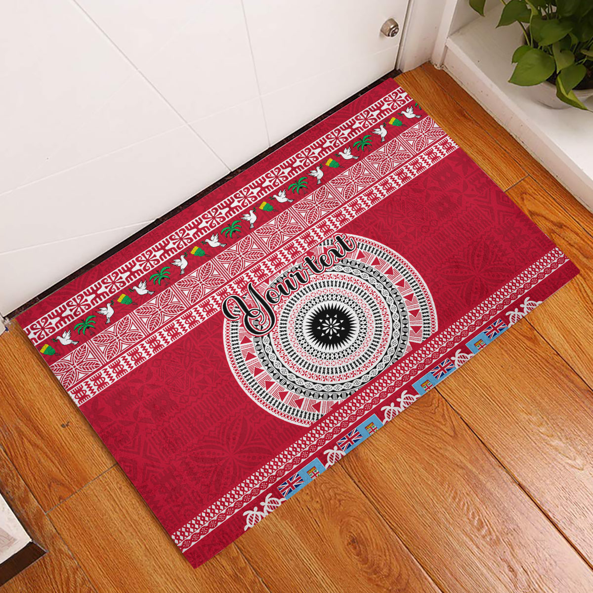 Personalised Fiji Marau Na Kerisimasi Rubber Doormat Merry Christmas Tapa Pattern Red Style LT9 Red - Polynesian Pride
