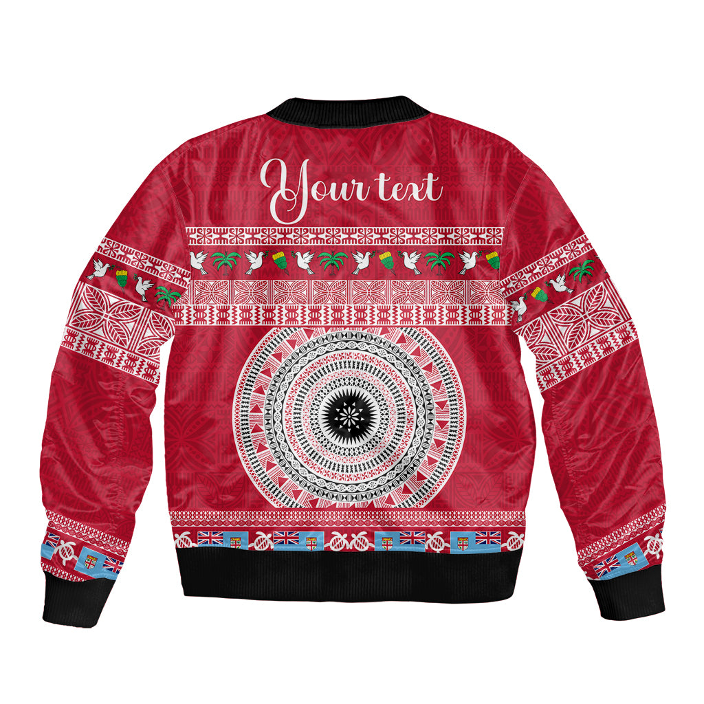 Personalised Fiji Marau Na Kerisimasi Sleeve Zip Bomber Jacket Merry Christmas Tapa Pattern Red Style LT9 - Polynesian Pride