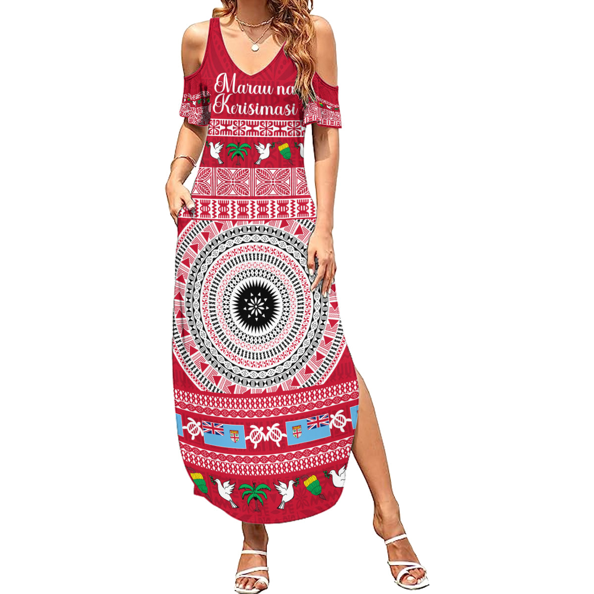 Personalised Fiji Marau Na Kerisimasi Summer Maxi Dress Merry Christmas Tapa Pattern Red Style LT9 Women Red - Polynesian Pride