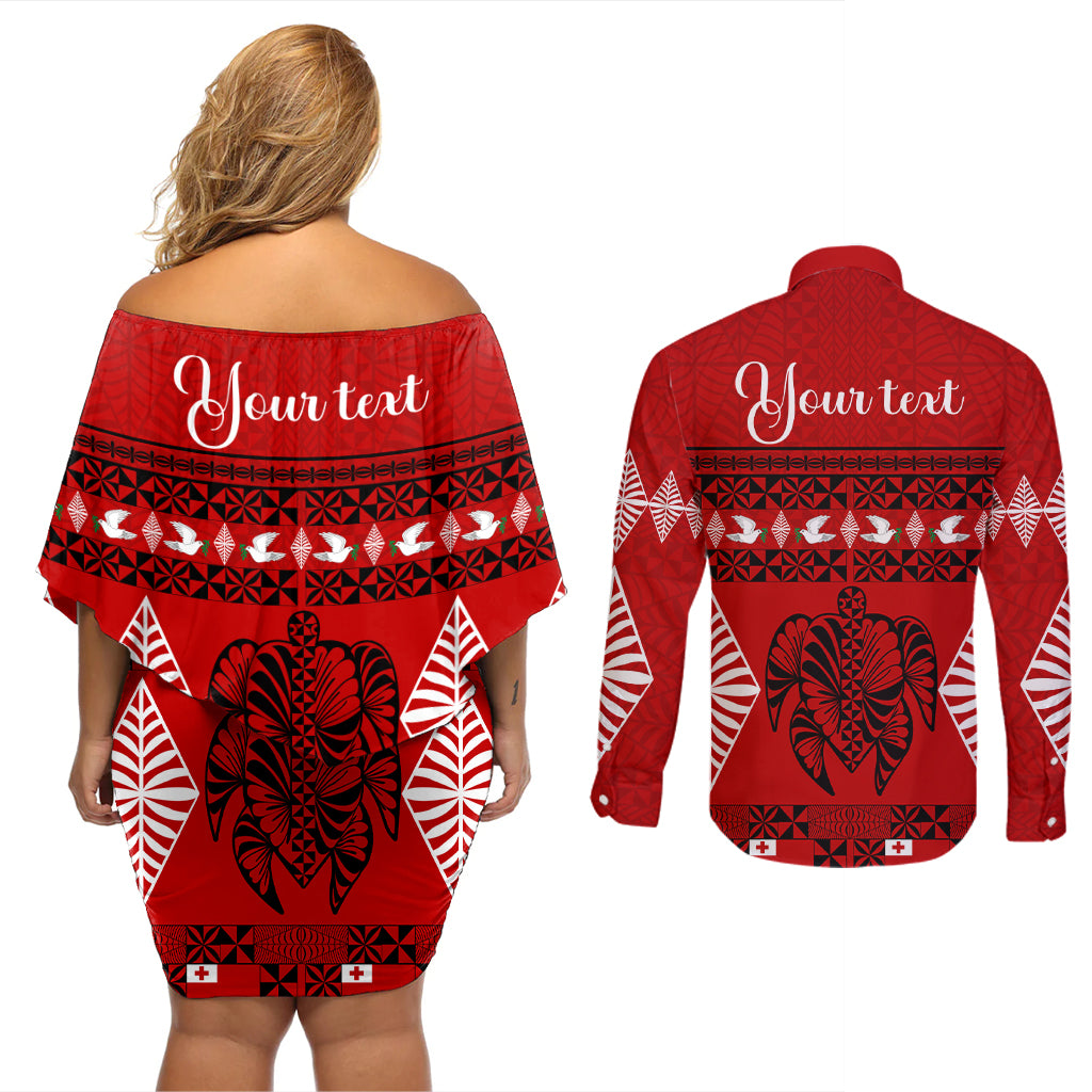 Personalised Tonga Kilisimasi Fiefia Couples Matching Off Shoulder Short Dress and Long Sleeve Button Shirt Merry Christmas with Turtle Ngatu Pattern LT9 - Polynesian Pride