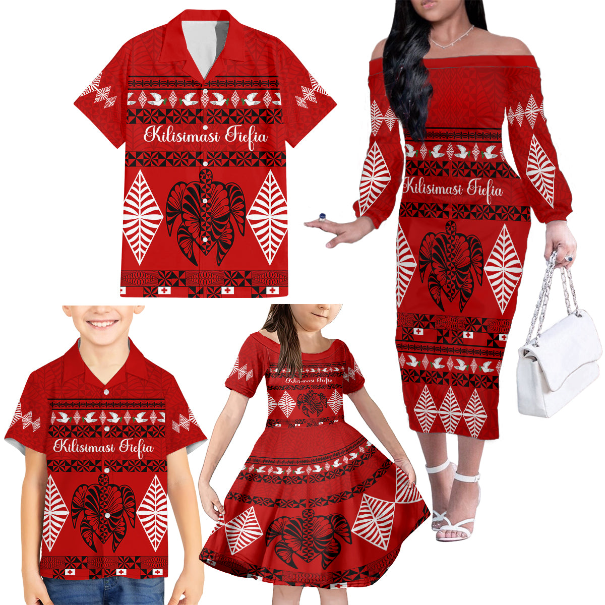 Personalised Tonga Kilisimasi Fiefia Family Matching Off Shoulder Long Sleeve Dress and Hawaiian Shirt Merry Christmas with Turtle Ngatu Pattern LT9 - Polynesian Pride