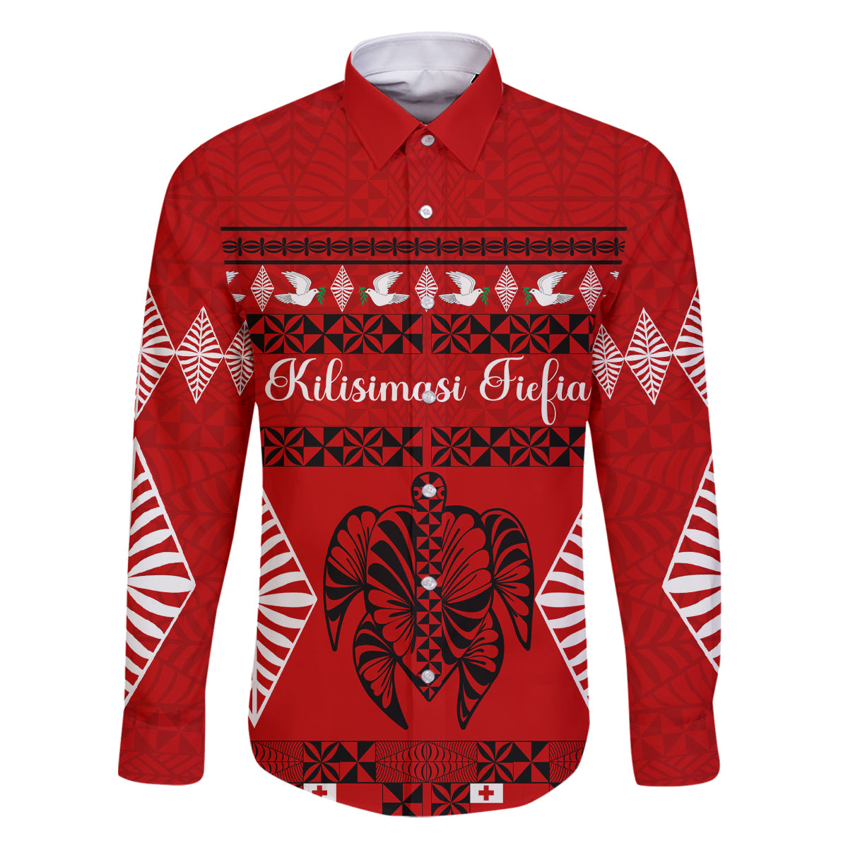 Personalised Tonga Kilisimasi Fiefia Family Matching Off Shoulder Long Sleeve Dress and Hawaiian Shirt Merry Christmas with Turtle Ngatu Pattern LT9 Dad's Shirt - Long Sleeve Red - Polynesian Pride