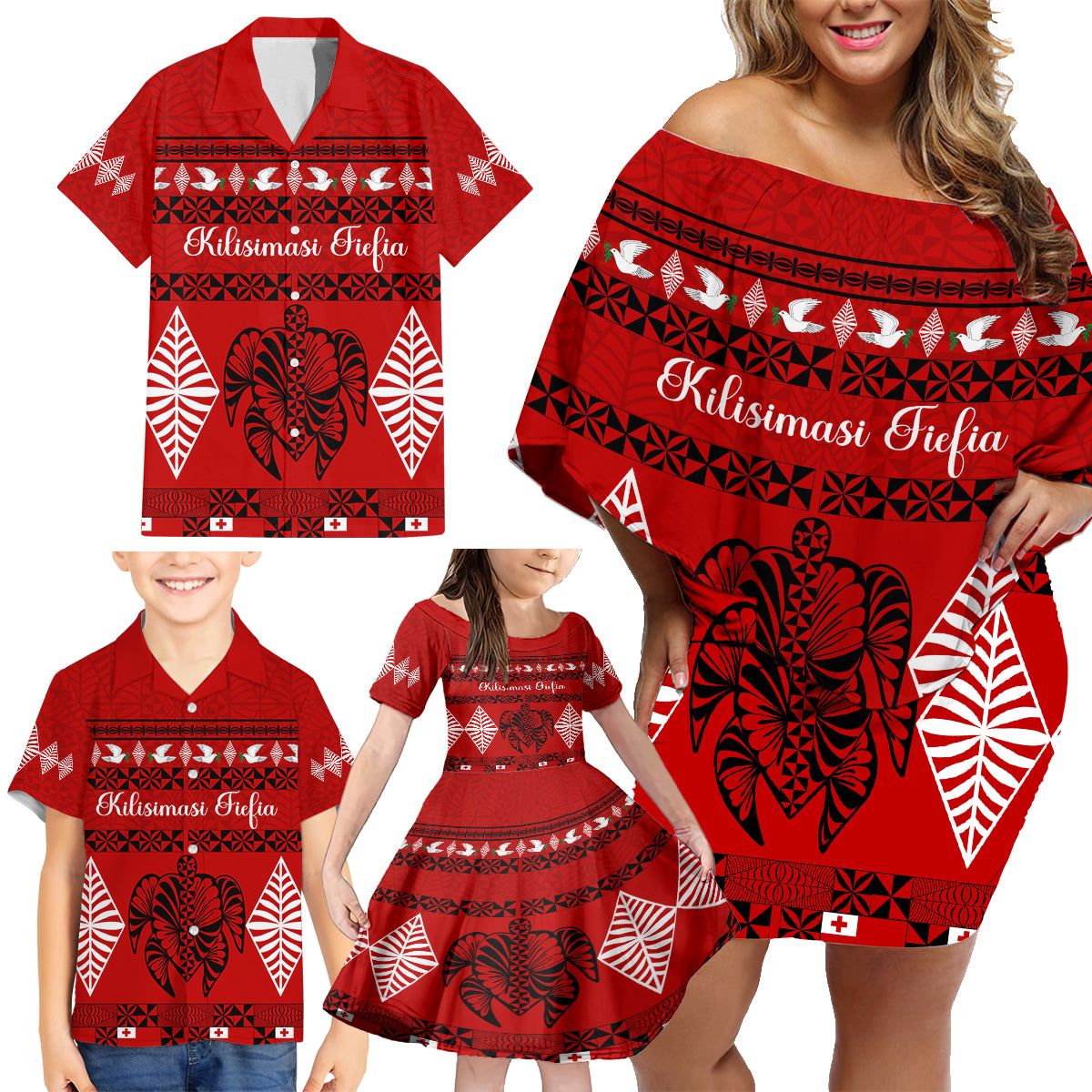 Personalised Tonga Kilisimasi Fiefia Family Matching Off Shoulder Short Dress and Hawaiian Shirt Merry Christmas with Turtle Ngatu Pattern LT9 - Polynesian Pride