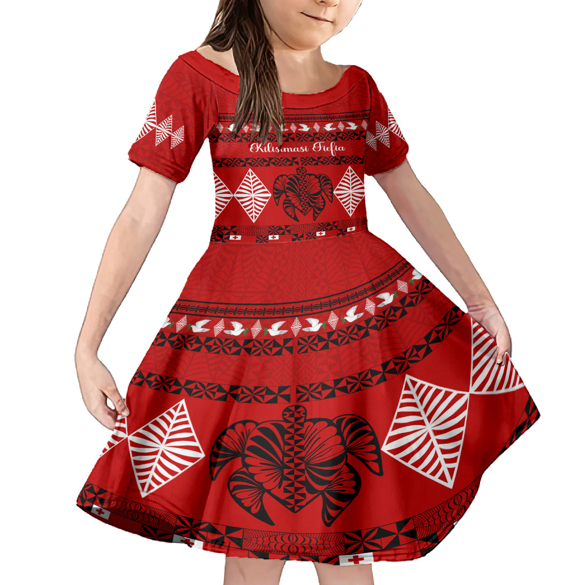 Personalised Tonga Kilisimasi Fiefia Family Matching Puletasi Dress and Hawaiian Shirt Merry Christmas with Turtle Ngatu Pattern LT9 Daughter's Dress Red - Polynesian Pride