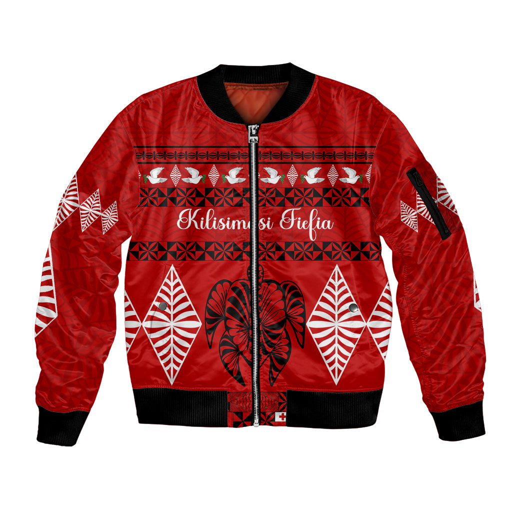 Personalised Tonga Kilisimasi Fiefia Sleeve Zip Bomber Jacket Merry Christmas with Turtle Ngatu Pattern LT9 Unisex Red - Polynesian Pride