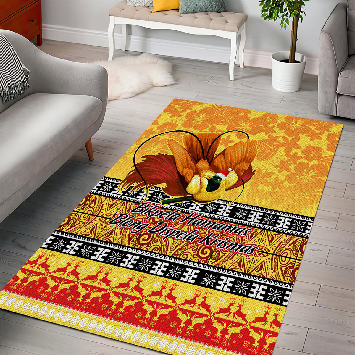 PNG Hamamas Krismas Area Rug Papua New Guinea Bird Of Paradise Merry Christmas Gold Style LT9 - Polynesian Pride