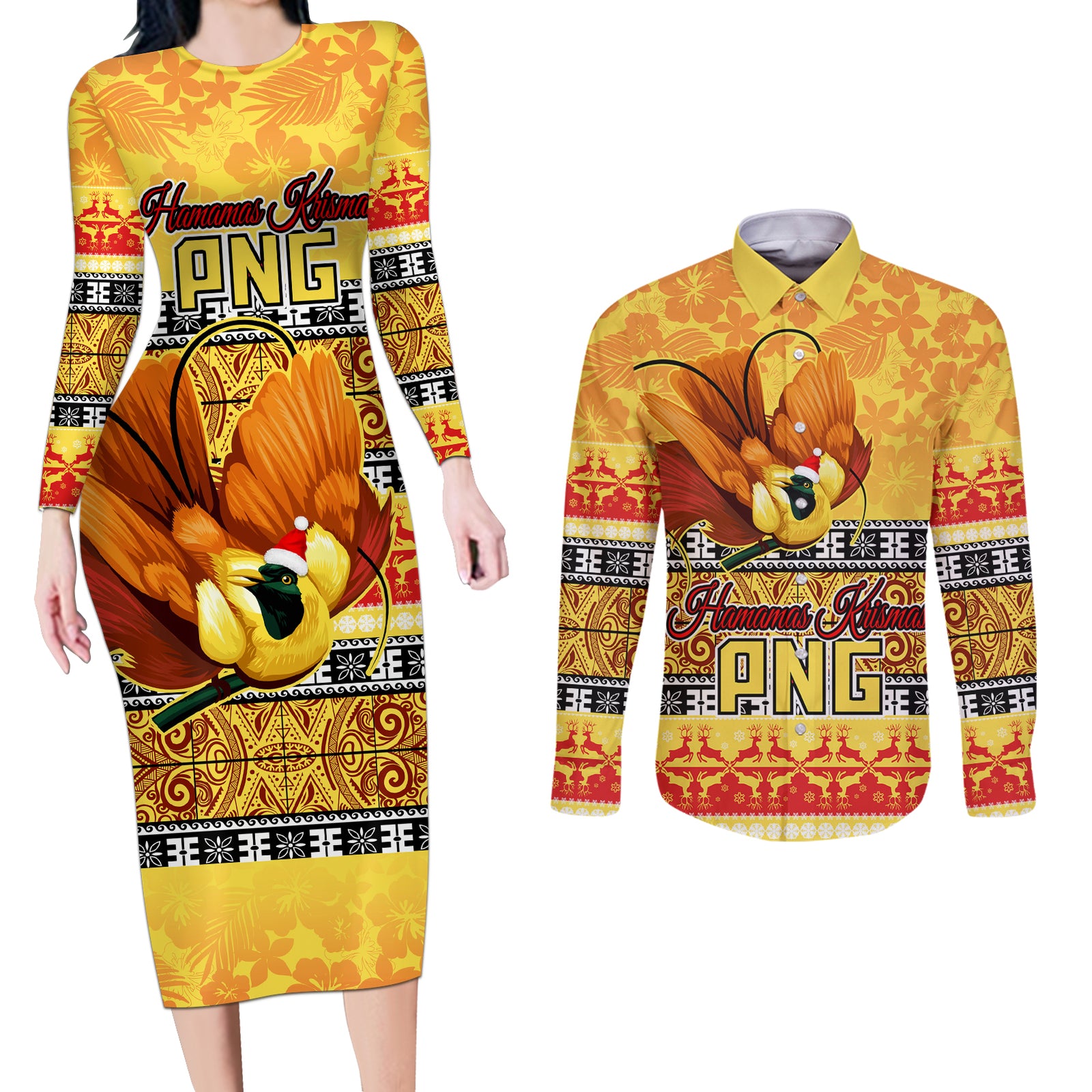 PNG Hamamas Krismas Couples Matching Long Sleeve Bodycon Dress and Long Sleeve Button Shirt Papua New Guinea Bird Of Paradise Merry Christmas Gold Style LT9 Gold - Polynesian Pride