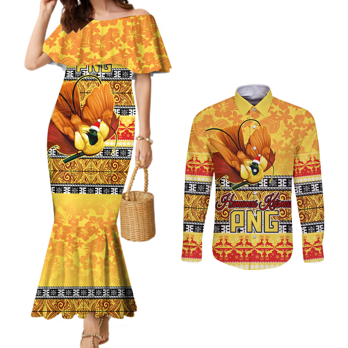 PNG Hamamas Krismas Couples Matching Mermaid Dress and Long Sleeve Button Shirt Papua New Guinea Bird Of Paradise Merry Christmas Gold Style LT9 Gold - Polynesian Pride