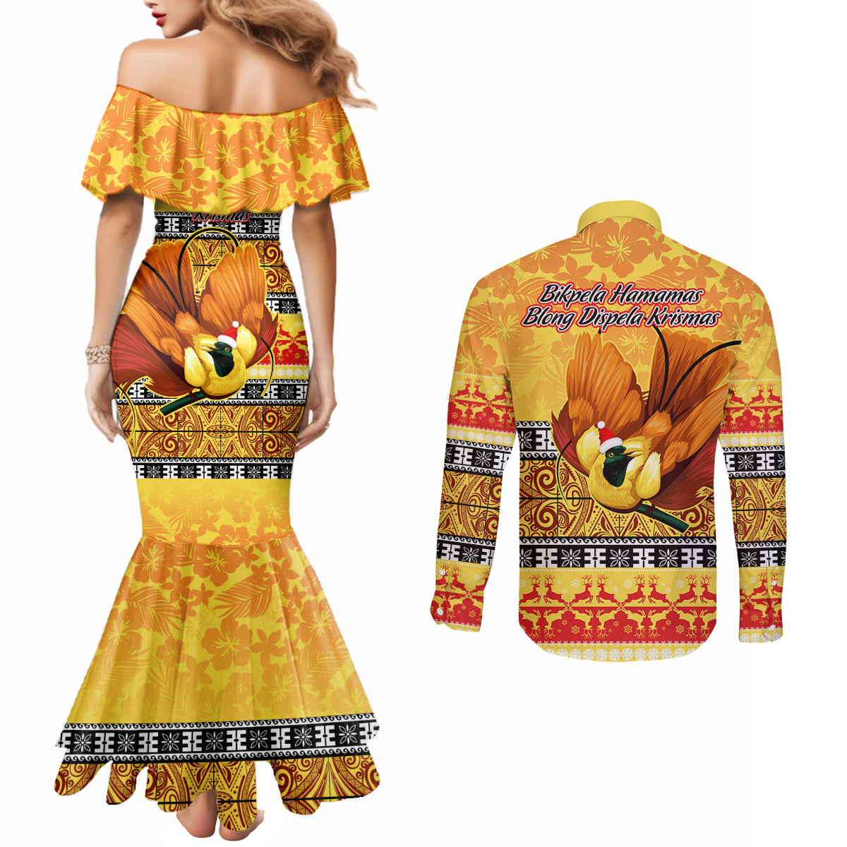 PNG Hamamas Krismas Couples Matching Mermaid Dress and Long Sleeve Button Shirt Papua New Guinea Bird Of Paradise Merry Christmas Gold Style LT9 - Polynesian Pride