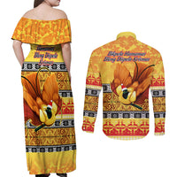 PNG Hamamas Krismas Couples Matching Off Shoulder Maxi Dress and Long Sleeve Button Shirt Papua New Guinea Bird Of Paradise Merry Christmas Gold Style LT9 - Polynesian Pride