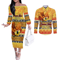 PNG Hamamas Krismas Couples Matching Off The Shoulder Long Sleeve Dress and Long Sleeve Button Shirt Papua New Guinea Bird Of Paradise Merry Christmas Gold Style LT9 Gold - Polynesian Pride