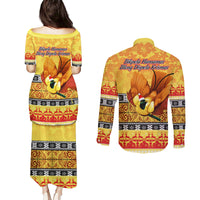 PNG Hamamas Krismas Couples Matching Puletasi Dress and Long Sleeve Button Shirt Papua New Guinea Bird Of Paradise Merry Christmas Gold Style LT9 - Polynesian Pride