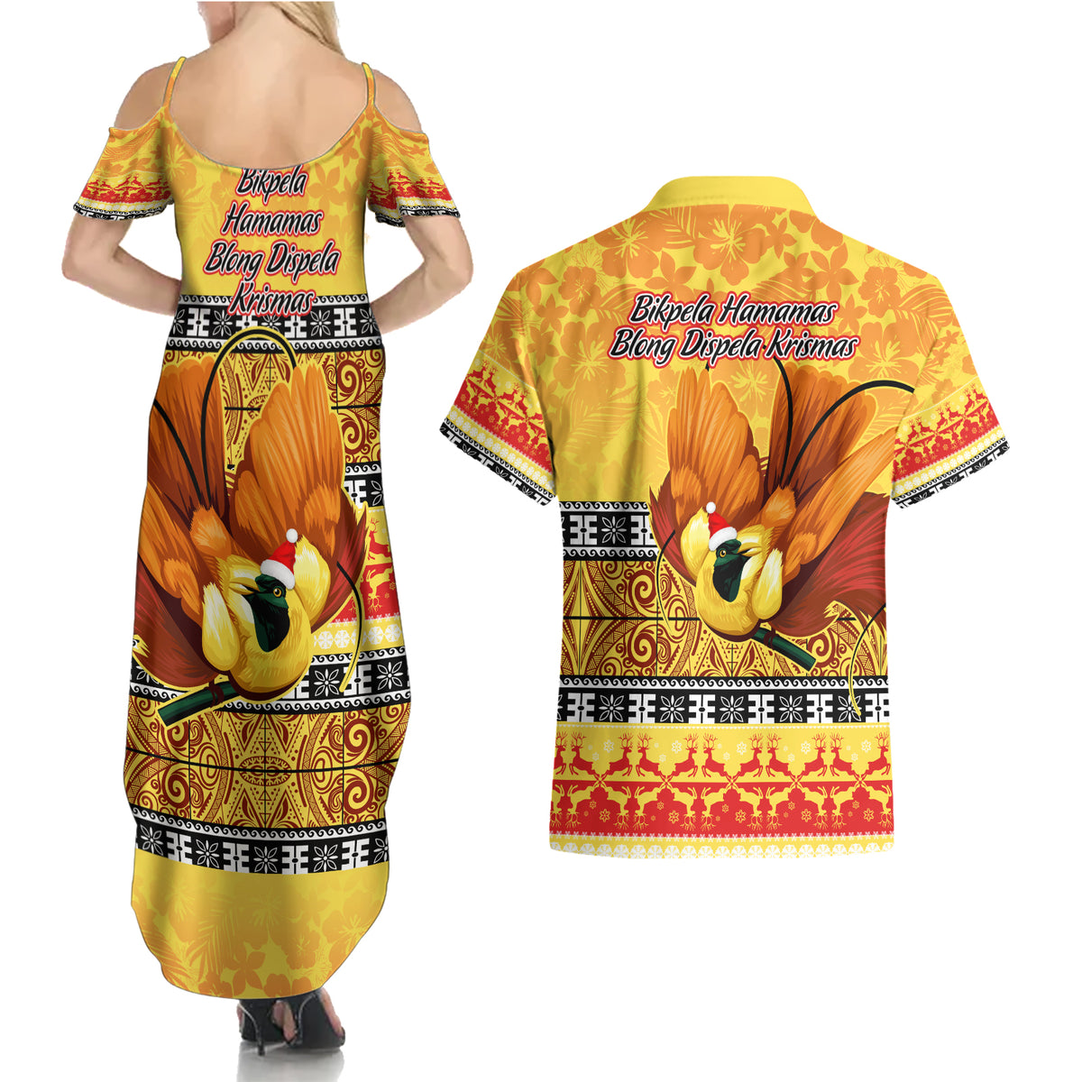 PNG Hamamas Krismas Couples Matching Summer Maxi Dress and Hawaiian Shirt Papua New Guinea Bird Of Paradise Merry Christmas Gold Style LT9 - Polynesian Pride