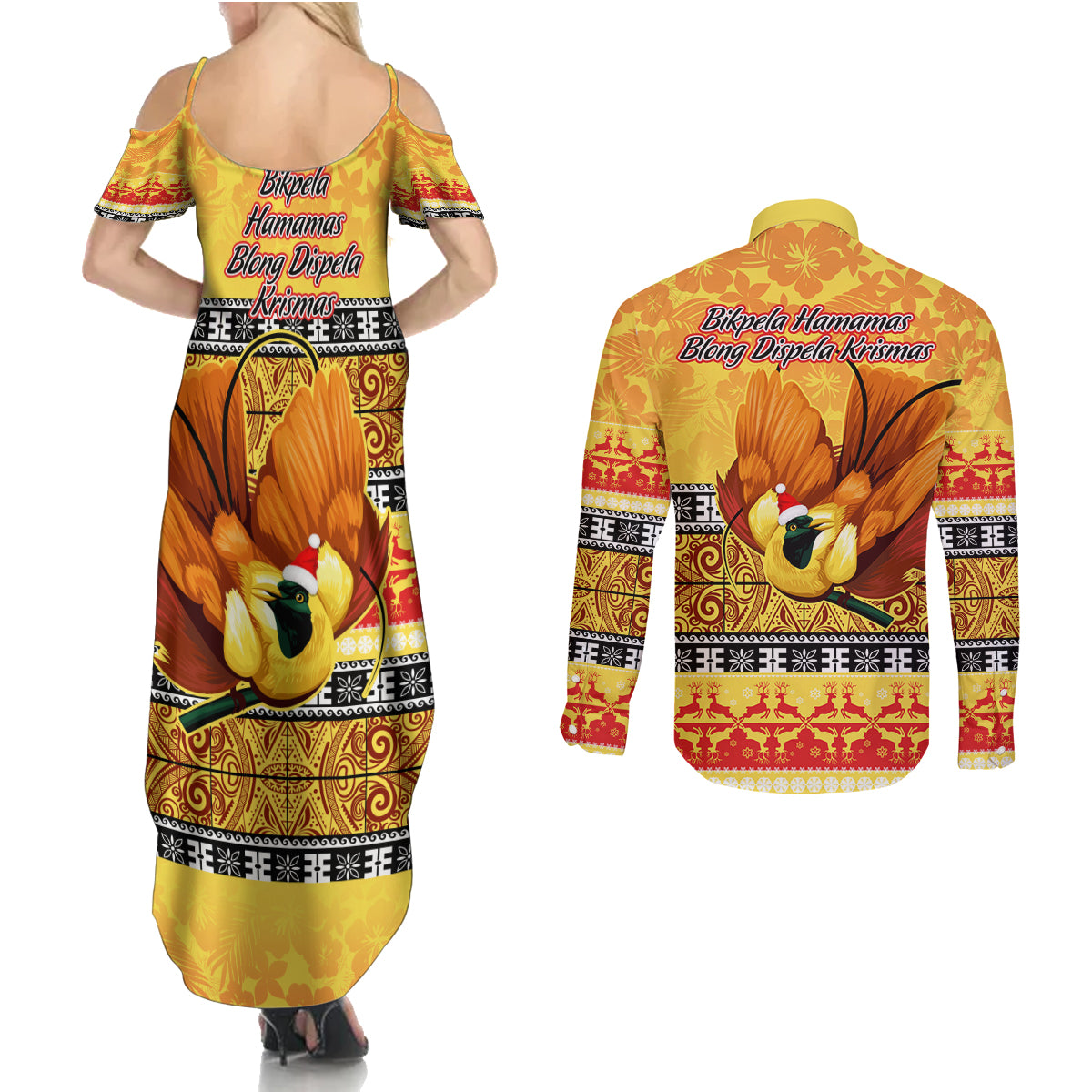 PNG Hamamas Krismas Couples Matching Summer Maxi Dress and Long Sleeve Button Shirt Papua New Guinea Bird Of Paradise Merry Christmas Gold Style LT9 - Polynesian Pride