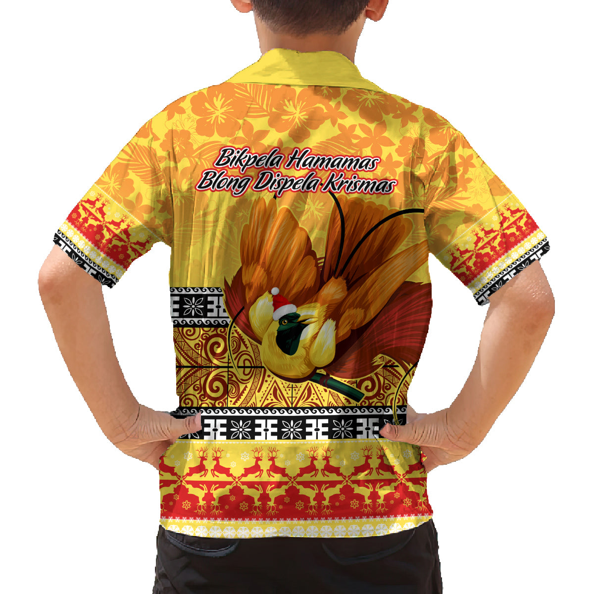 PNG Hamamas Krismas Family Matching Off Shoulder Long Sleeve Dress and Hawaiian Shirt Papua New Guinea Bird Of Paradise Merry Christmas Gold Style LT9 - Polynesian Pride