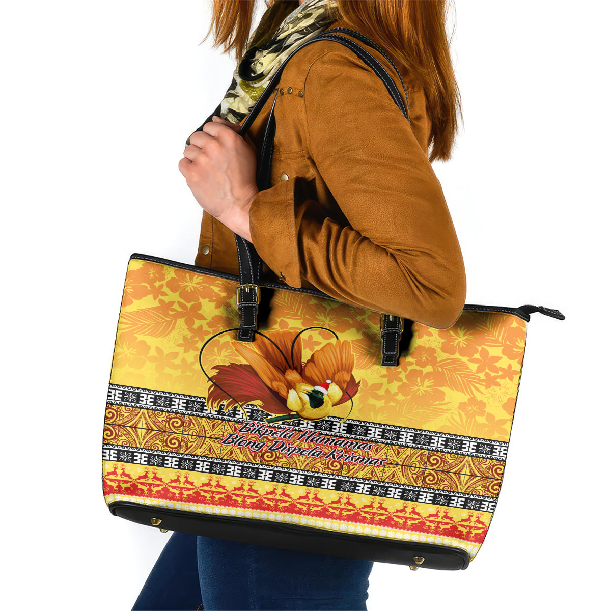 PNG Hamamas Krismas Leather Tote Bag Papua New Guinea Bird Of Paradise Merry Christmas Gold Style LT9 Gold - Polynesian Pride