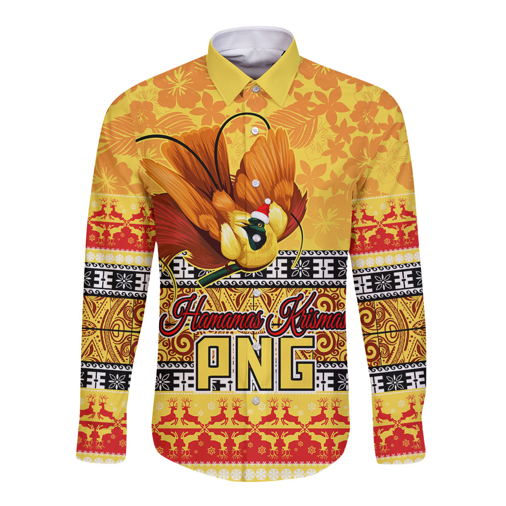 PNG Hamamas Krismas Long Sleeve Button Shirt Papua New Guinea Bird Of Paradise Merry Christmas Gold Style LT9 Unisex Gold - Polynesian Pride