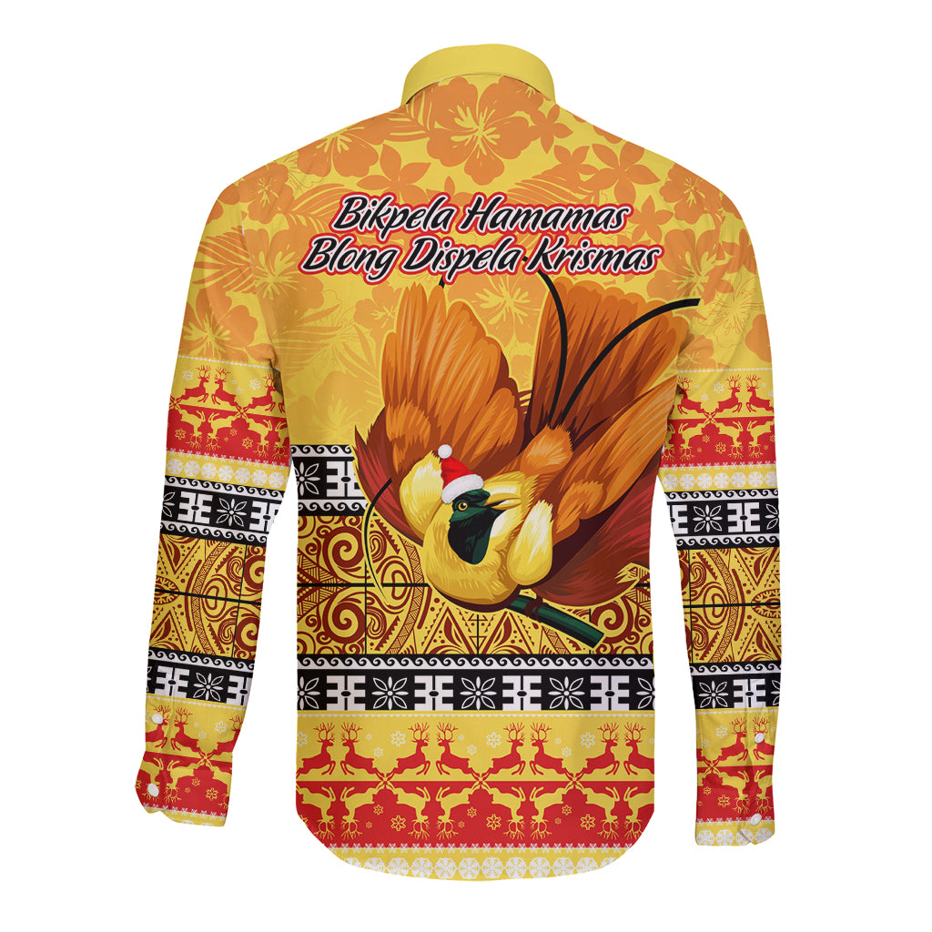 PNG Hamamas Krismas Long Sleeve Button Shirt Papua New Guinea Bird Of Paradise Merry Christmas Gold Style LT9 - Polynesian Pride