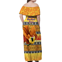 PNG Hamamas Krismas Off Shoulder Maxi Dress Papua New Guinea Bird Of Paradise Merry Christmas Gold Style LT9 - Polynesian Pride