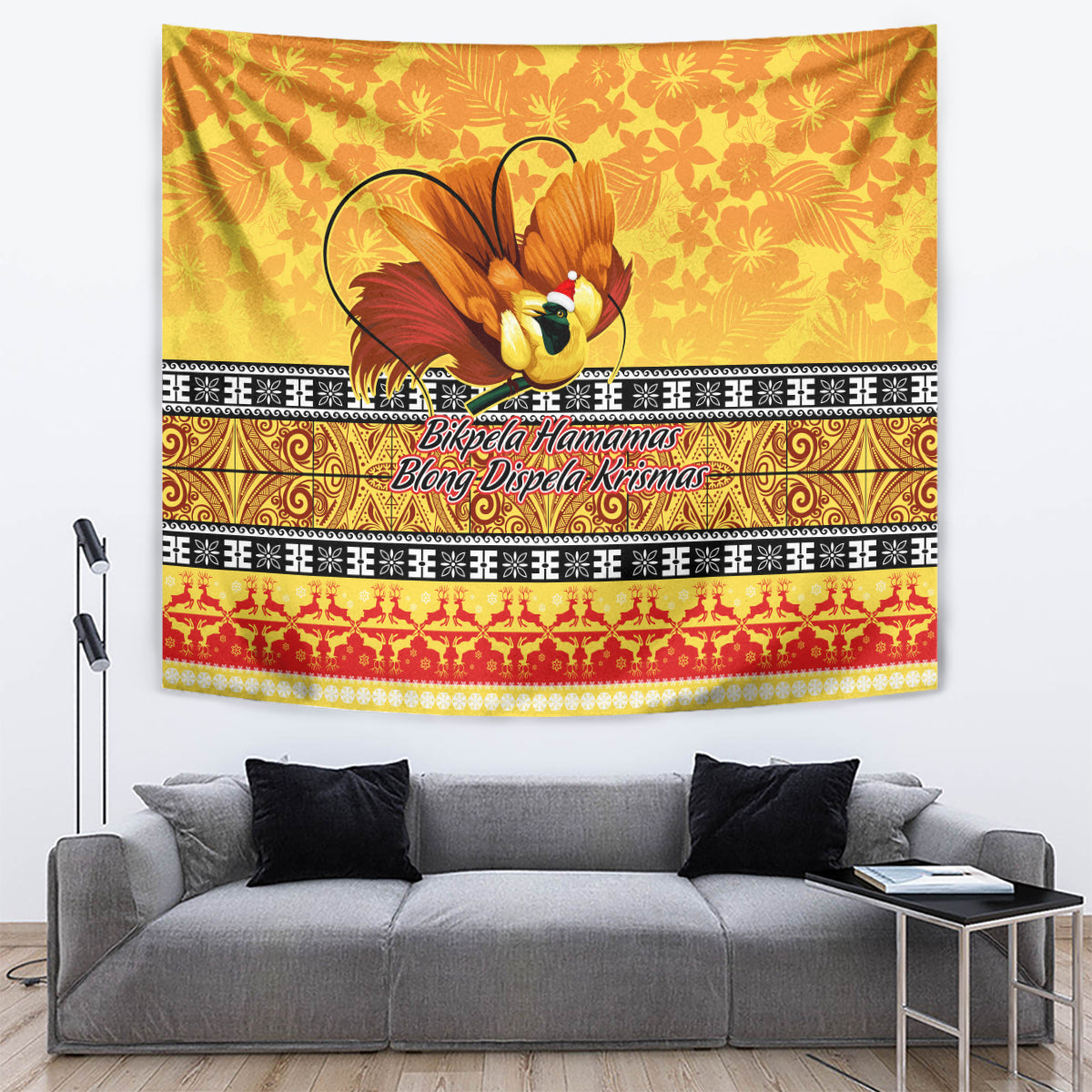 PNG Hamamas Krismas Tapestry Papua New Guinea Bird Of Paradise Merry Christmas Gold Style LT9 - Polynesian Pride