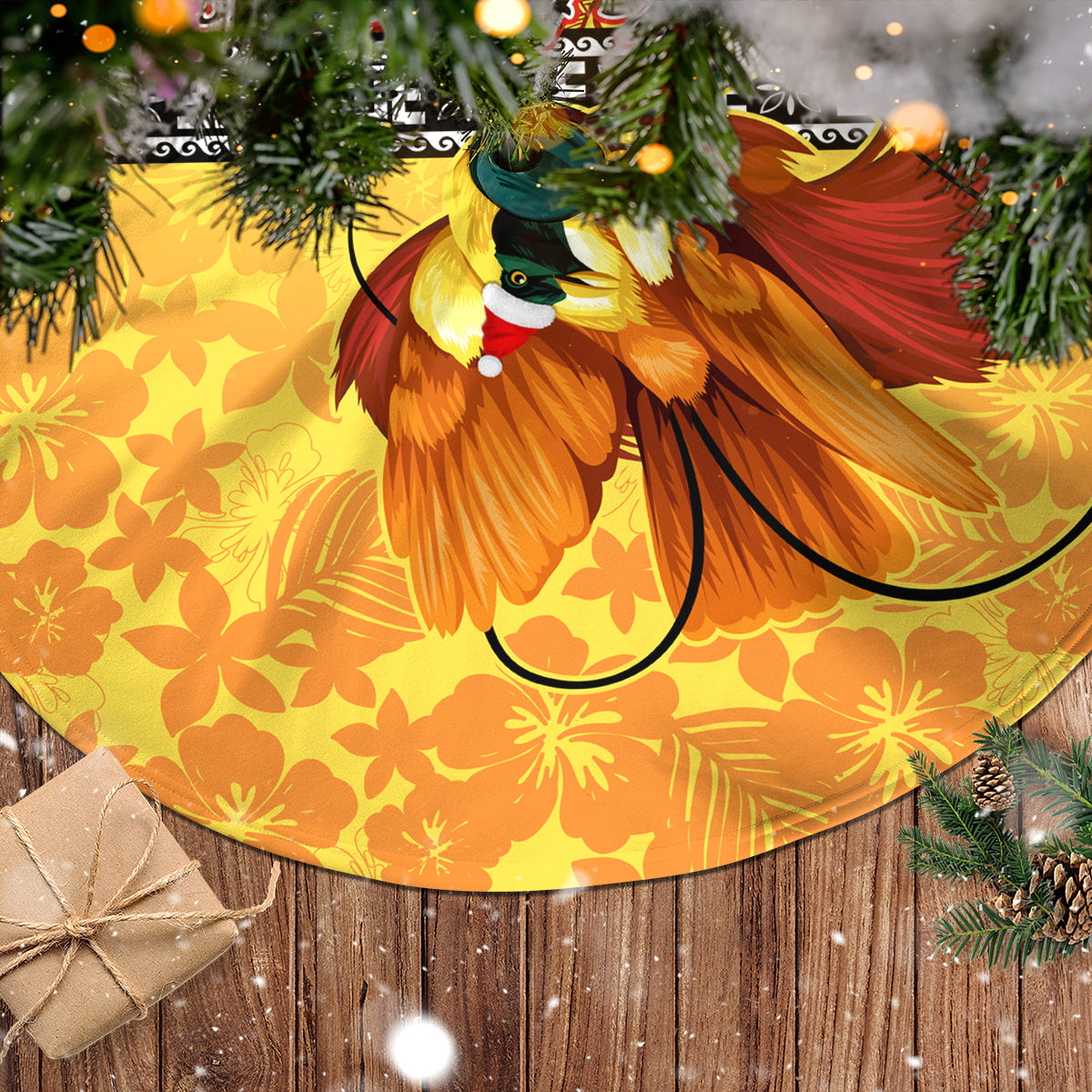 PNG Hamamas Krismas Tree Skirt Papua New Guinea Bird Of Paradise Merry Christmas Gold Style LT9 - Polynesian Pride