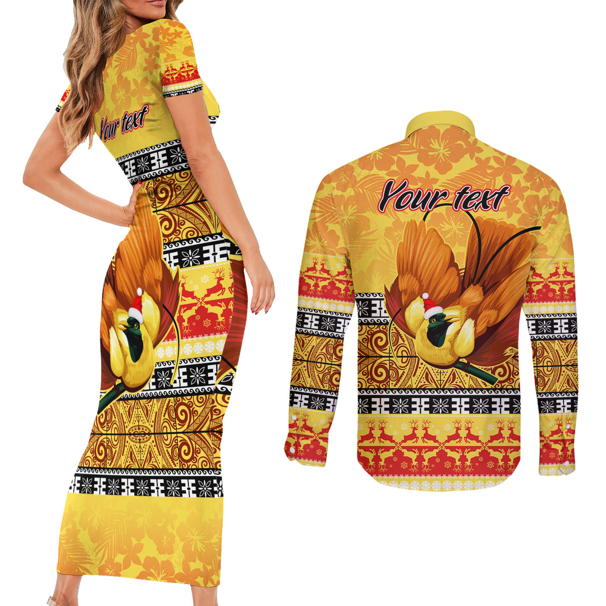 Personalised PNG Hamamas Krismas Couples Matching Short Sleeve Bodycon Dress and Long Sleeve Button Shirt Papua New Guinea Bird Of Paradise Merry Christmas Gold Style LT9 - Polynesian Pride