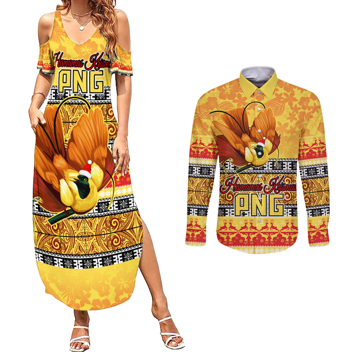 Personalised PNG Hamamas Krismas Couples Matching Summer Maxi Dress and Long Sleeve Button Shirt Papua New Guinea Bird Of Paradise Merry Christmas Gold Style LT9 Gold - Polynesian Pride