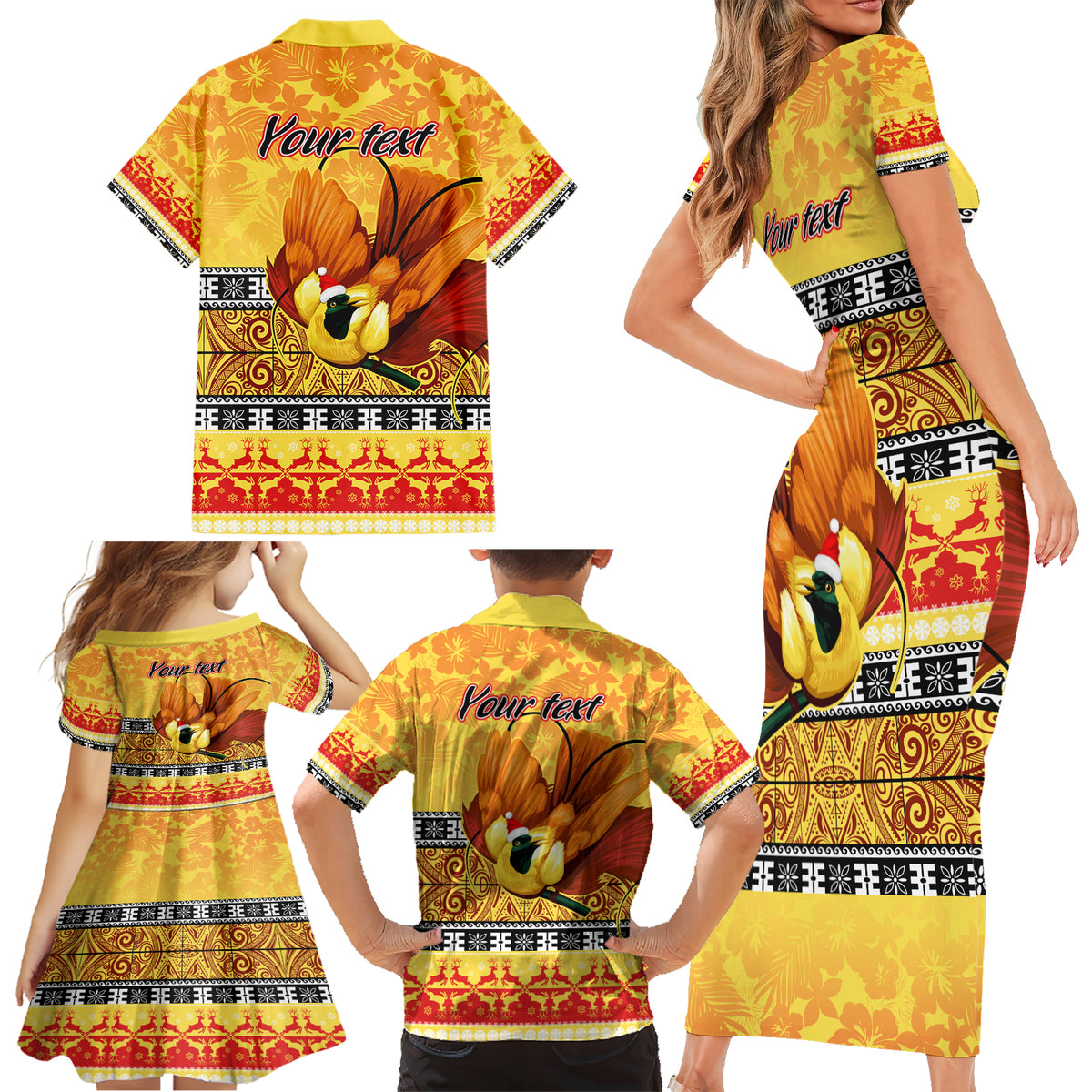 Personalised PNG Hamamas Krismas Family Matching Short Sleeve Bodycon Dress and Hawaiian Shirt Papua New Guinea Bird Of Paradise Merry Christmas Gold Style LT9 - Polynesian Pride