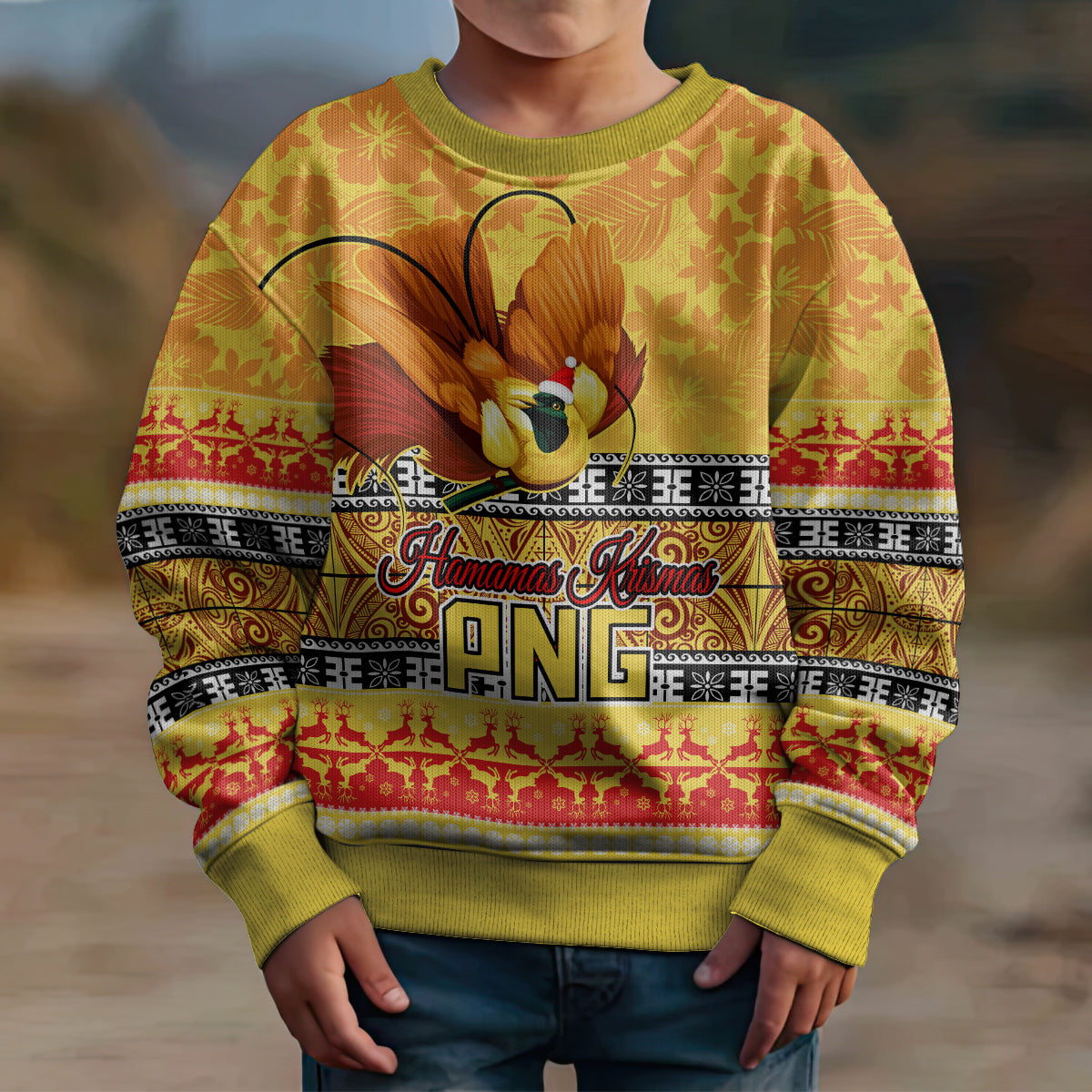 Personalised PNG Hamamas Krismas Kid Ugly Christmas Sweater Papua New Guinea Bird Of Paradise Merry Christmas Gold Style LT9 - Polynesian Pride