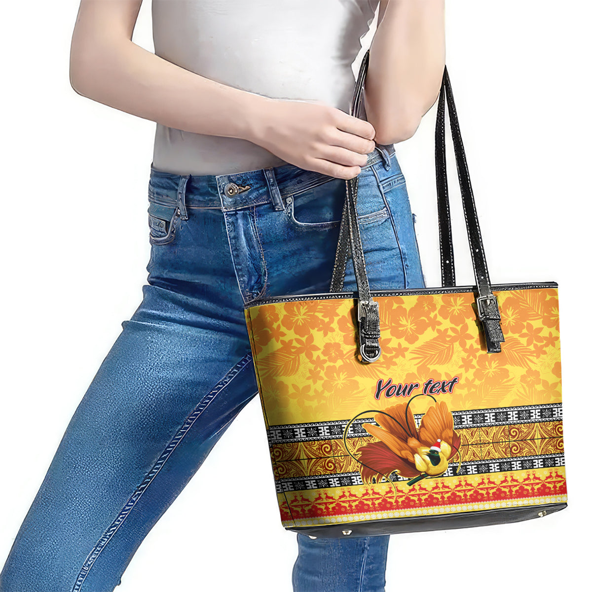 Personalised PNG Hamamas Krismas Leather Tote Bag Papua New Guinea Bird Of Paradise Merry Christmas Gold Style LT9 - Polynesian Pride