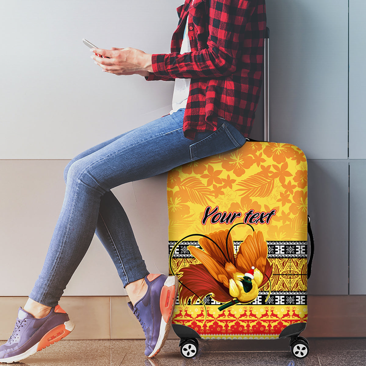 Personalised PNG Hamamas Krismas Luggage Cover Papua New Guinea Bird Of Paradise Merry Christmas Gold Style LT9 - Polynesian Pride
