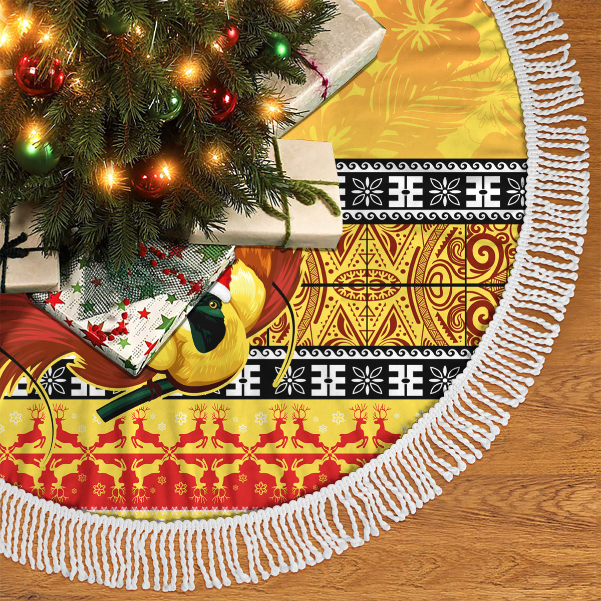 Personalised PNG Hamamas Krismas Tree Skirt Papua New Guinea Bird Of Paradise Merry Christmas Gold Style LT9 - Polynesian Pride
