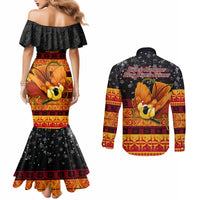 PNG Hamamas Krismas Couples Matching Mermaid Dress and Long Sleeve Button Shirt Papua New Guinea Bird Of Paradise Merry Christmas Black Style LT9 - Polynesian Pride