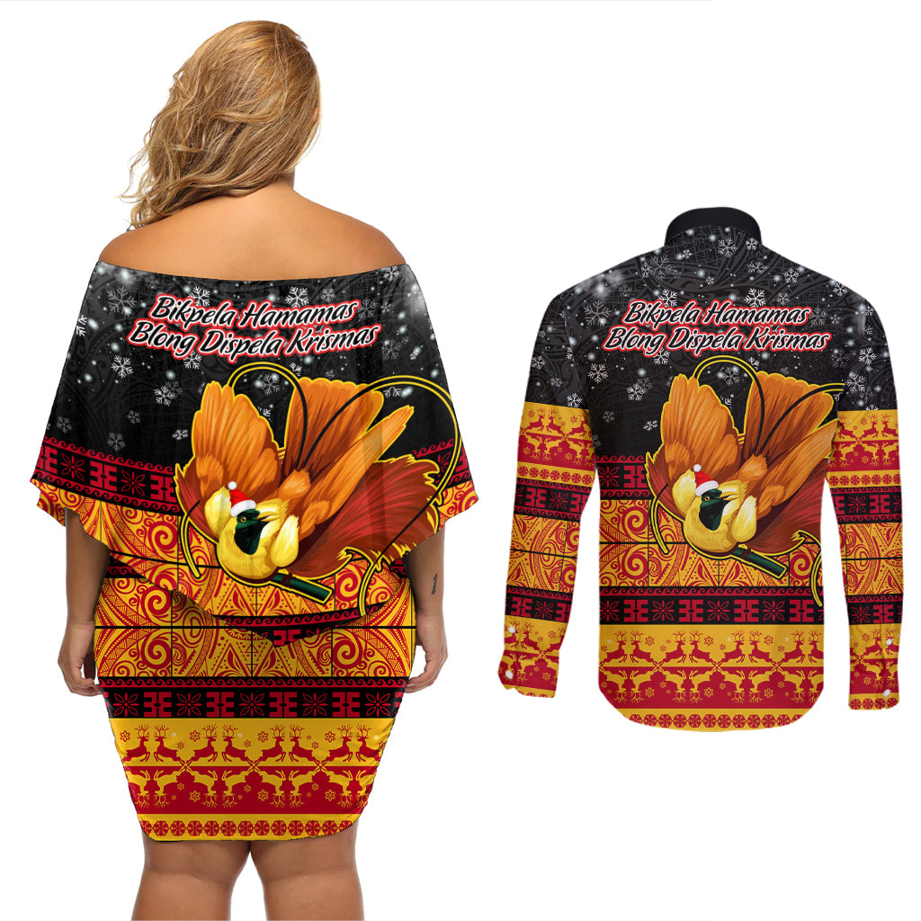 PNG Hamamas Krismas Couples Matching Off Shoulder Short Dress and Long Sleeve Button Shirt Papua New Guinea Bird Of Paradise Merry Christmas Black Style LT9 - Polynesian Pride