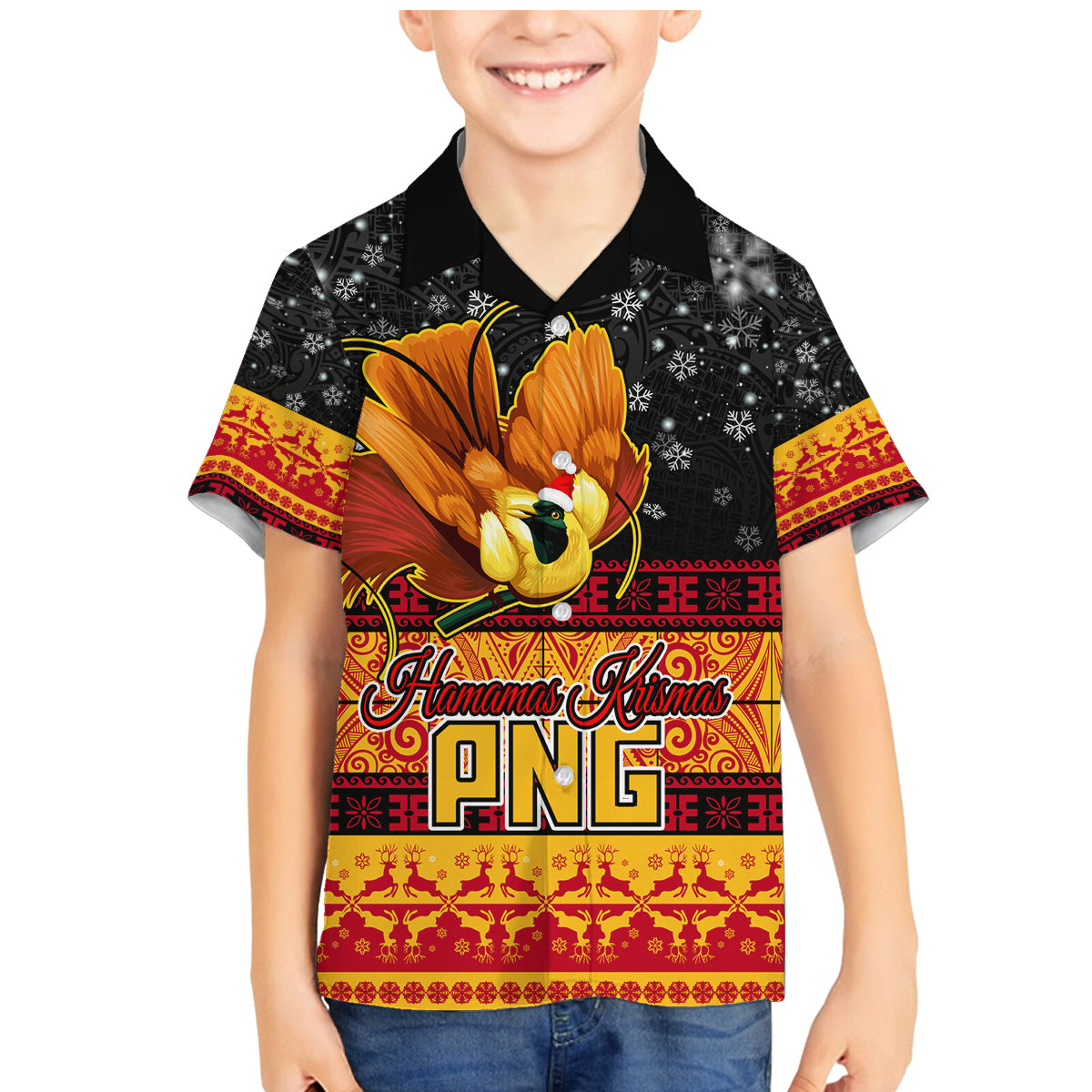 PNG Hamamas Krismas Family Matching Mermaid Dress and Hawaiian Shirt Papua New Guinea Bird Of Paradise Merry Christmas Black Style LT9 Son's Shirt Black - Polynesian Pride