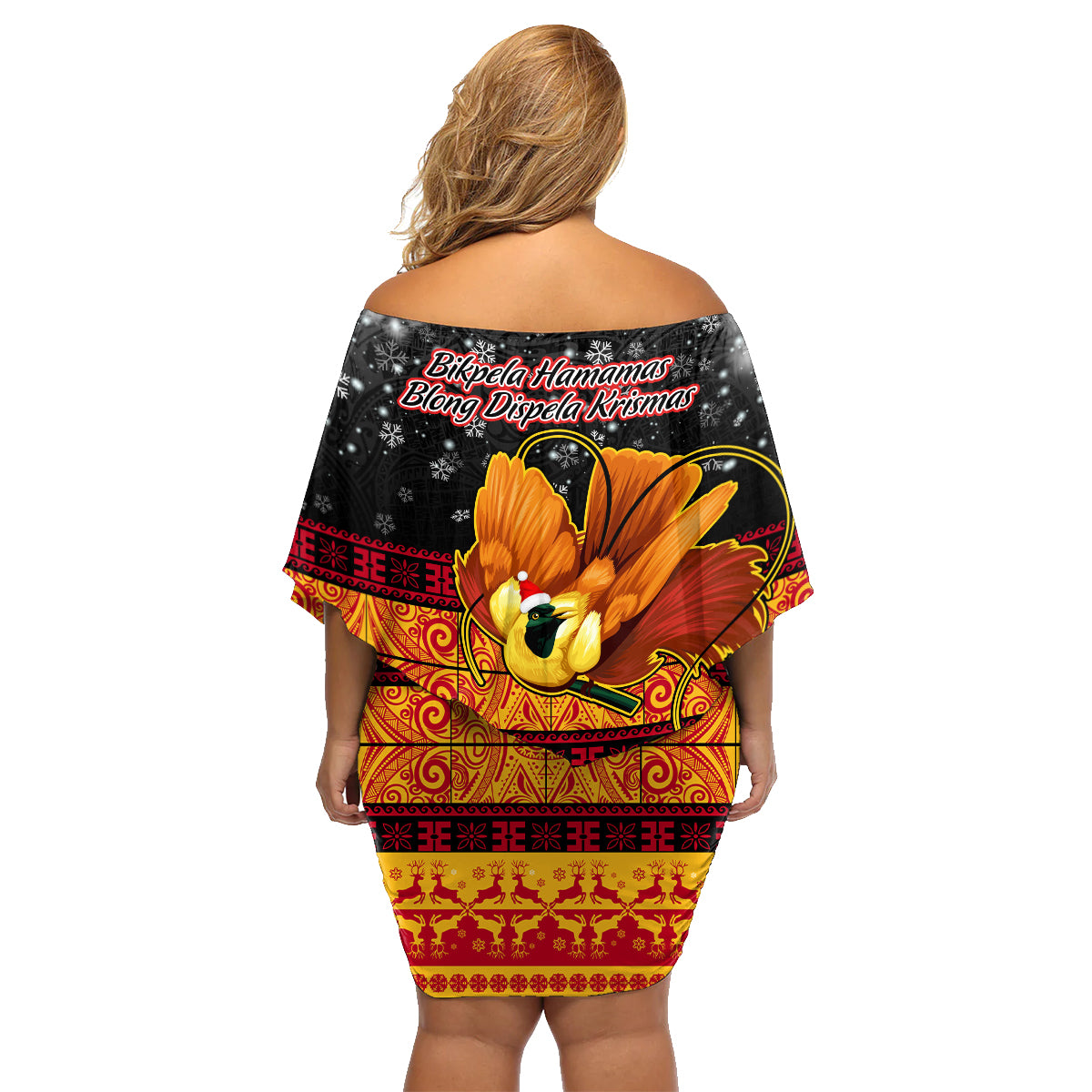 PNG Hamamas Krismas Family Matching Off Shoulder Short Dress and Hawaiian Shirt Papua New Guinea Bird Of Paradise Merry Christmas Black Style LT9 - Polynesian Pride