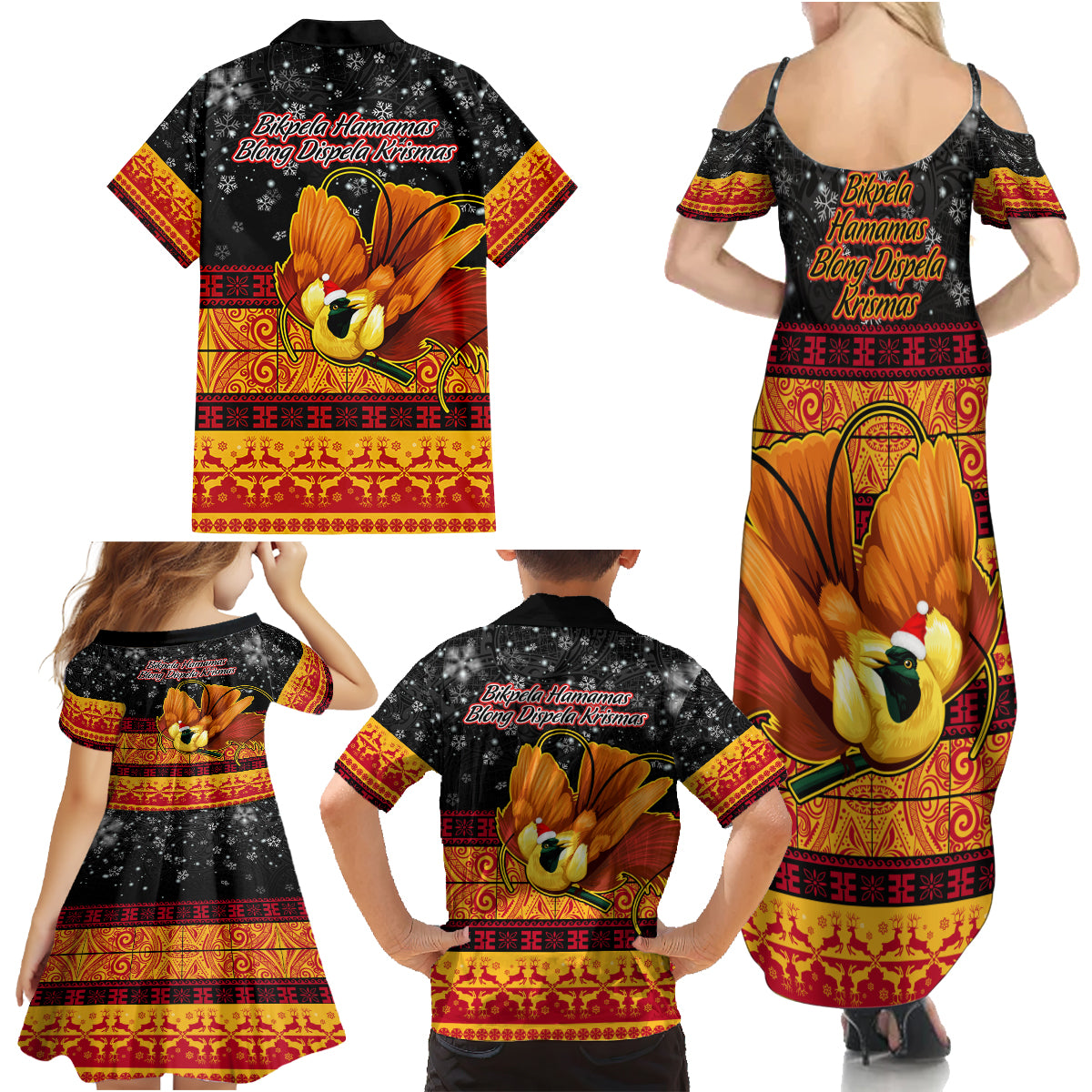 PNG Hamamas Krismas Family Matching Summer Maxi Dress and Hawaiian Shirt Papua New Guinea Bird Of Paradise Merry Christmas Black Style LT9 - Polynesian Pride