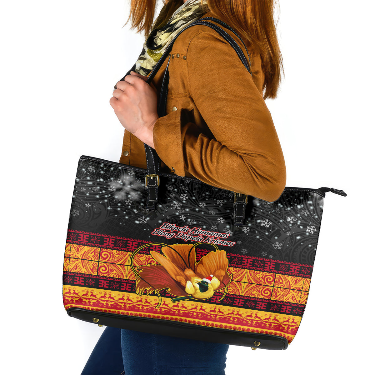 PNG Hamamas Krismas Leather Tote Bag Papua New Guinea Bird Of Paradise Merry Christmas Black Style LT9 Black - Polynesian Pride