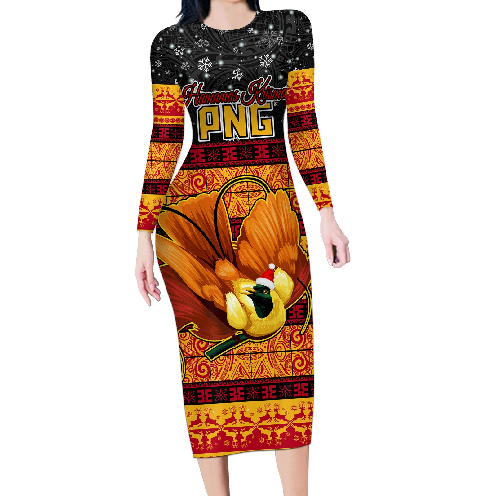 PNG Hamamas Krismas Long Sleeve Bodycon Dress Papua New Guinea Bird Of Paradise Merry Christmas Black Style LT9 Long Dress Black - Polynesian Pride