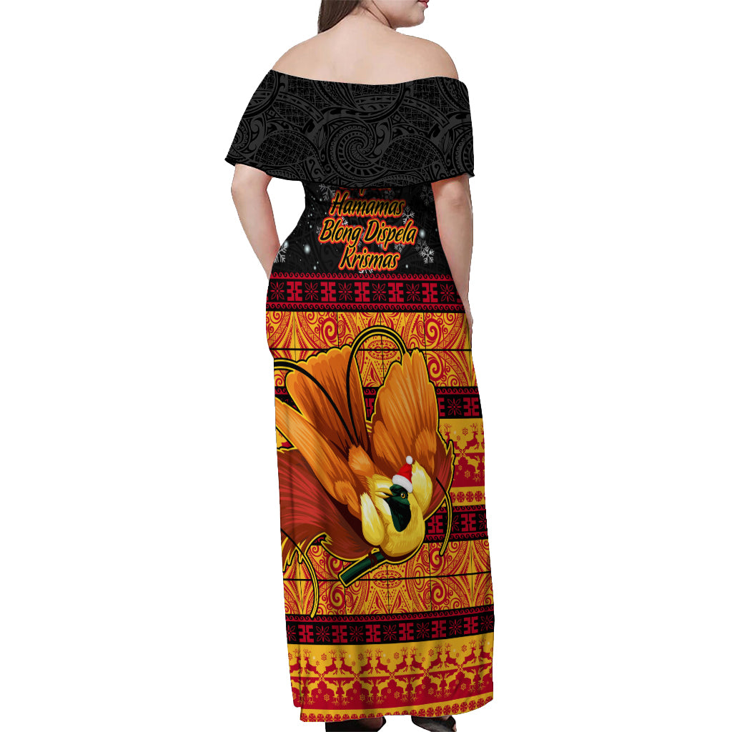 PNG Hamamas Krismas Off Shoulder Maxi Dress Papua New Guinea Bird Of Paradise Merry Christmas Black Style LT9 - Polynesian Pride