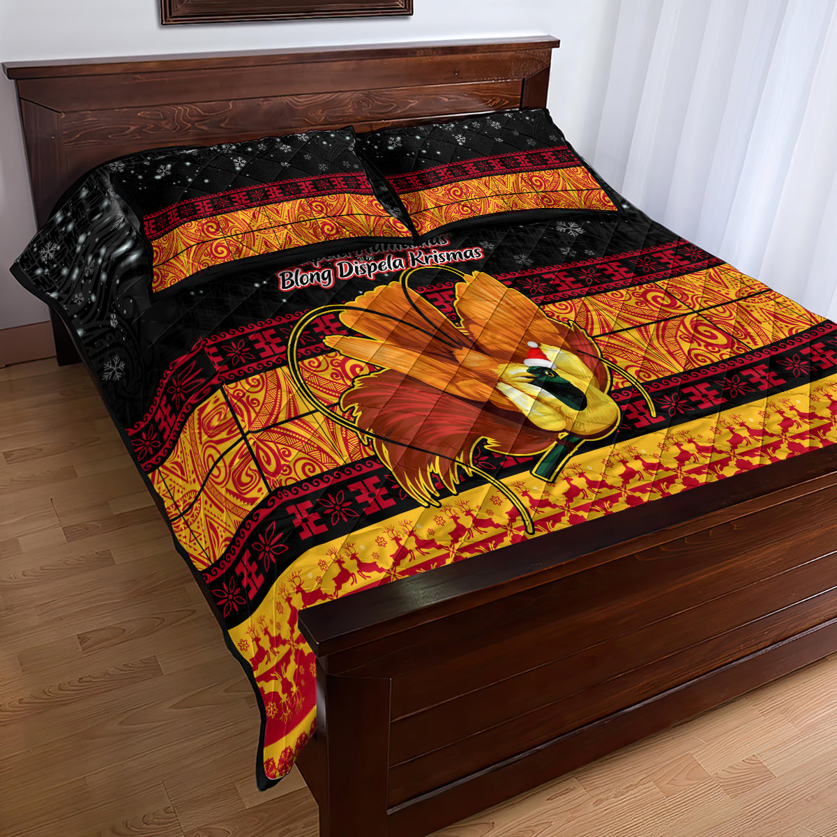 PNG Hamamas Krismas Quilt Bed Set Papua New Guinea Bird Of Paradise Merry Christmas Black Style LT9 - Polynesian Pride