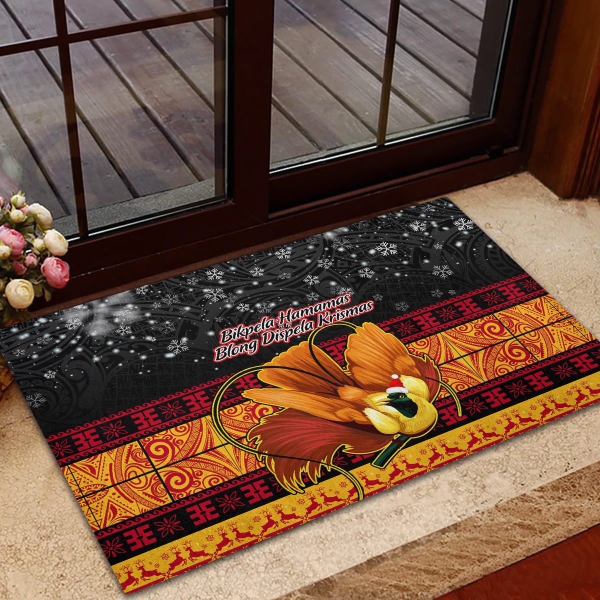 PNG Hamamas Krismas Rubber Doormat Papua New Guinea Bird Of Paradise Merry Christmas Black Style LT9 - Polynesian Pride