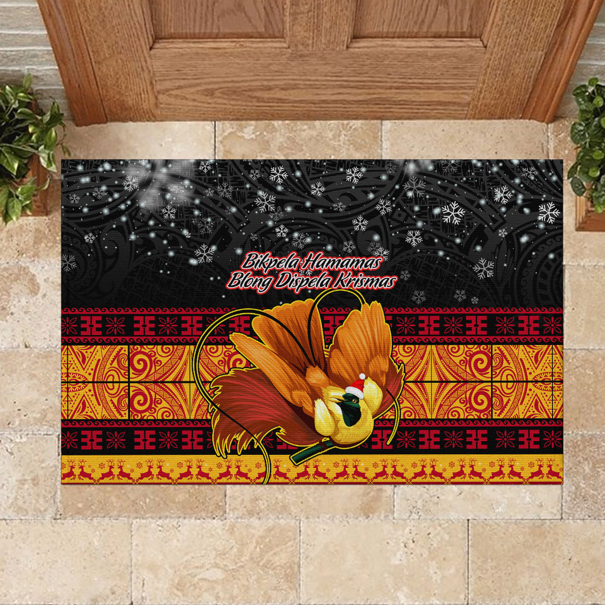 PNG Hamamas Krismas Rubber Doormat Papua New Guinea Bird Of Paradise Merry Christmas Black Style LT9 - Polynesian Pride