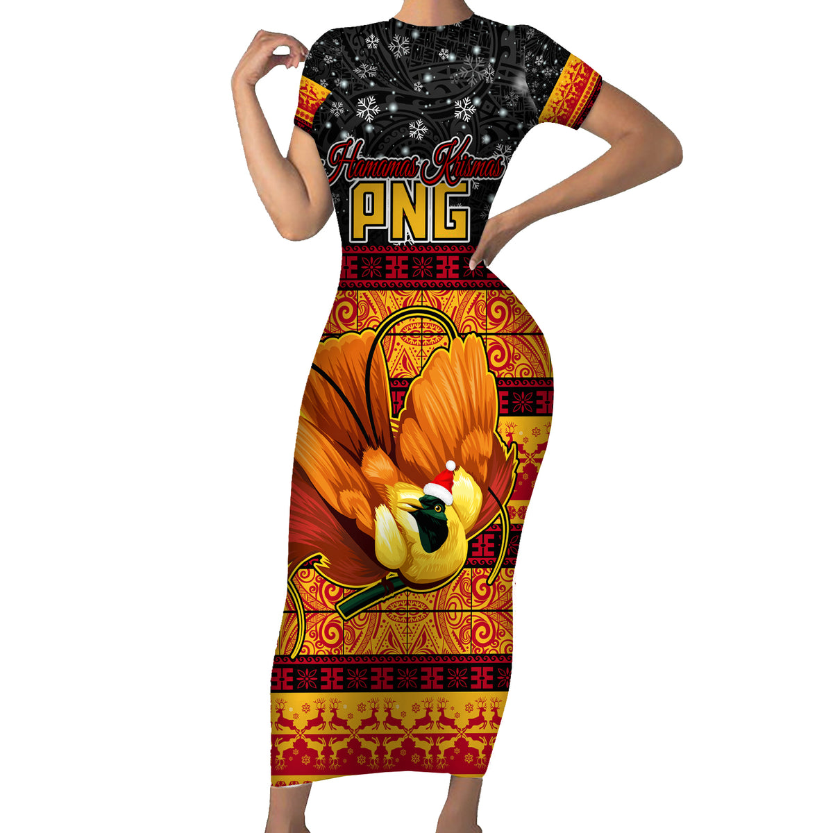 PNG Hamamas Krismas Short Sleeve Bodycon Dress Papua New Guinea Bird Of Paradise Merry Christmas Black Style LT9 Long Dress Black - Polynesian Pride